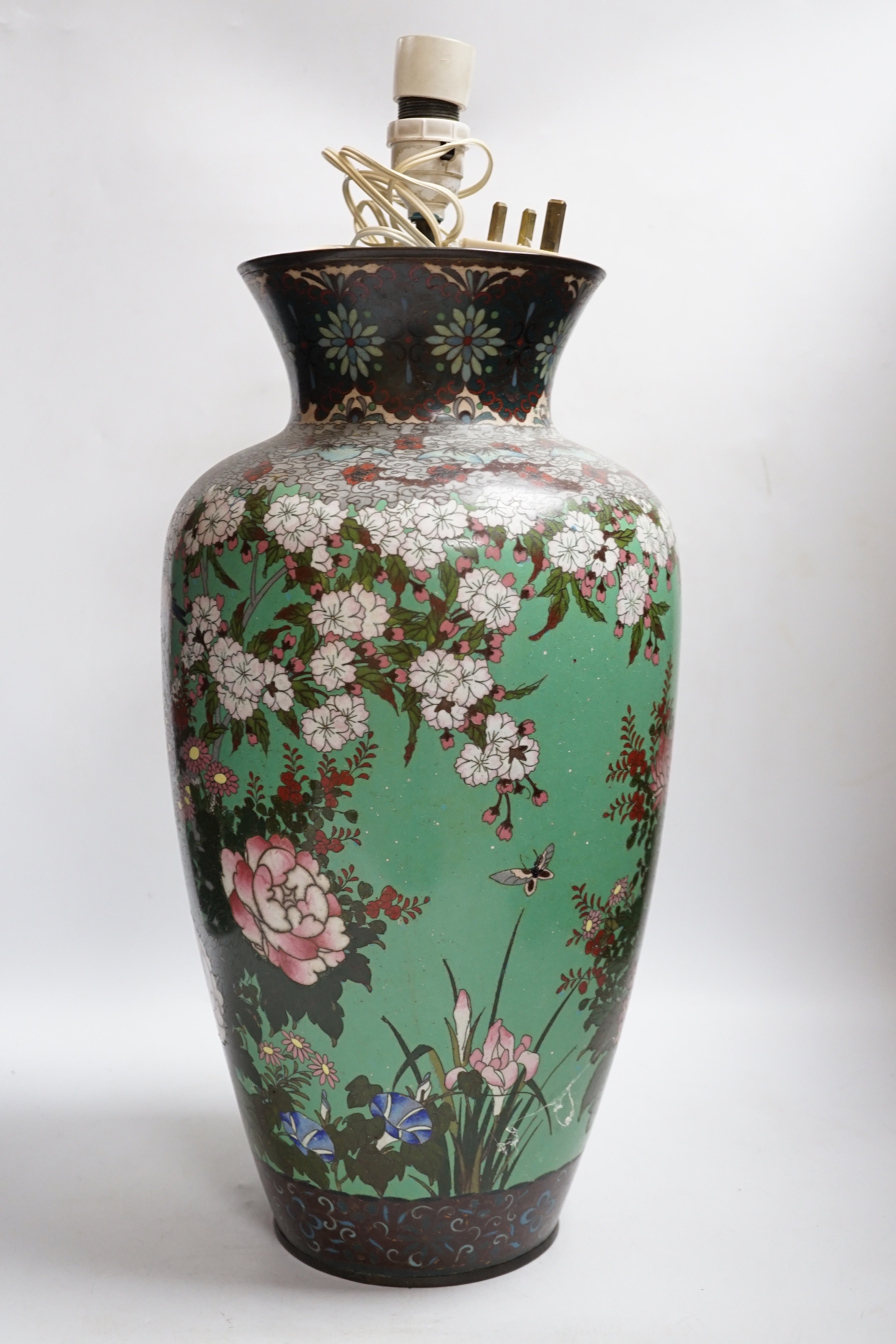 A large Japanese cloisonné enamel vase, Meiji period, mounted as a lamp, 45cm to vase rim